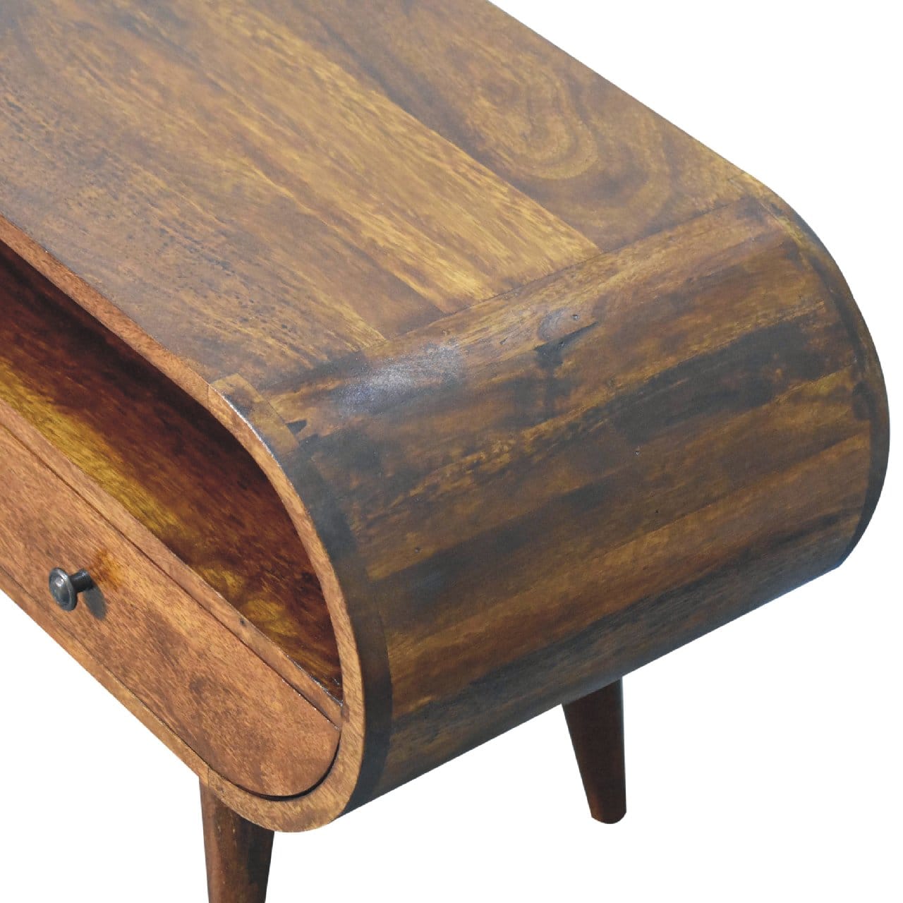 Chestnut Circular TV Stand - Solid Mango Wood Entertainment Center for Living Room - product view 6 showing handcrafted...