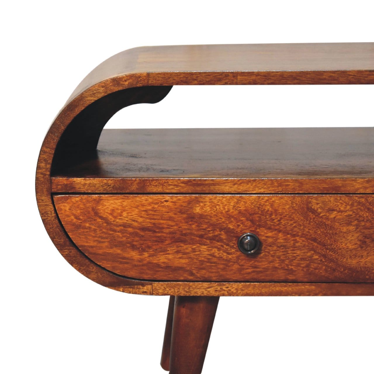 Chestnut Circular TV Stand - Solid Mango Wood Entertainment Center for Living Room - product view 5 showing handcrafted...