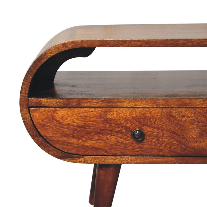 Chestnut Circular TV Stand - Solid Mango Wood Entertainment Center for Living Room - product view 5 showing handcrafted...