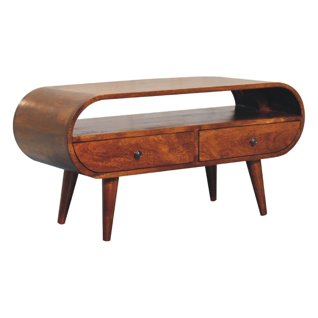 Chestnut Circular TV Stand - Solid Mango Wood Entertainment Center for Living Room - product view 4 showing handcrafted...