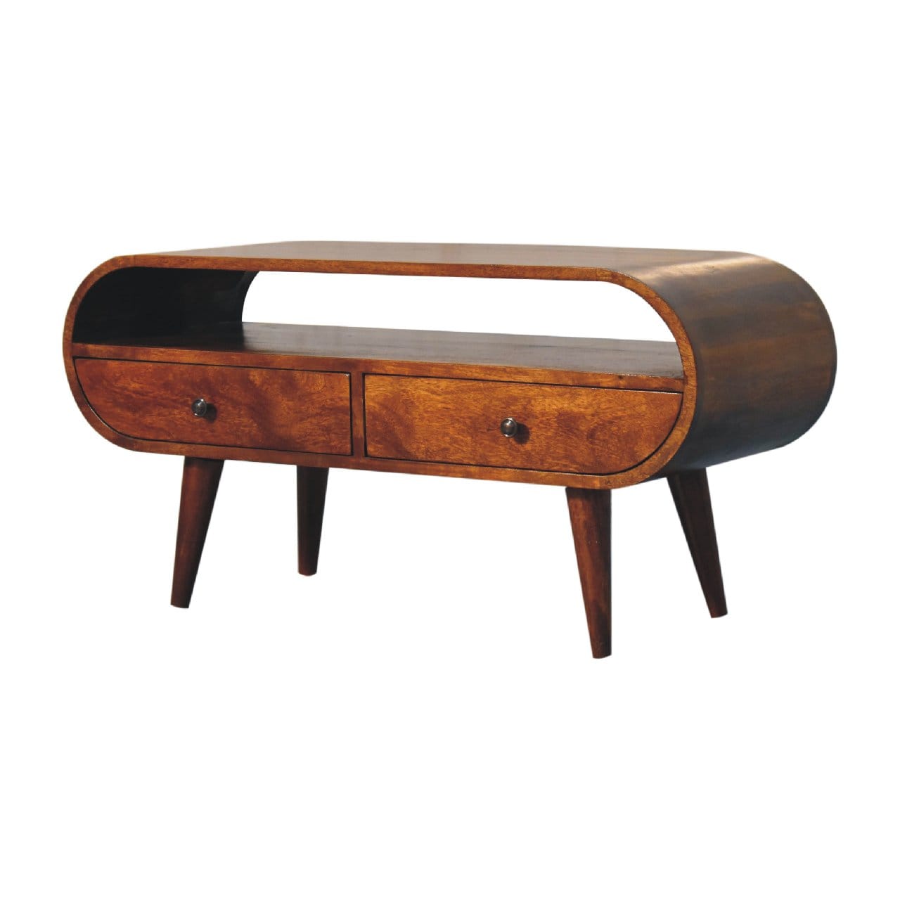 Chestnut Circular TV Stand - Solid Mango Wood Entertainment Center for Living Room - product view 3 showing handcrafted...