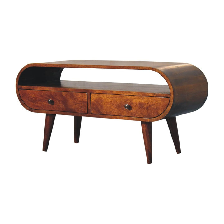 Chestnut Circular TV Stand - Solid Mango Wood Entertainment Center for Living Room - product view 3 showing handcrafted...