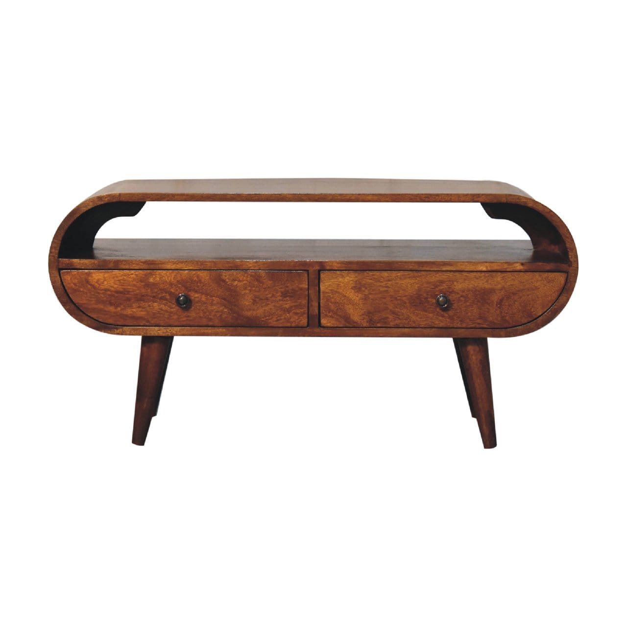 Chestnut Circular TV Stand - Solid Mango Wood Entertainment Center for Living Room - product view 2 showing handcrafted...
