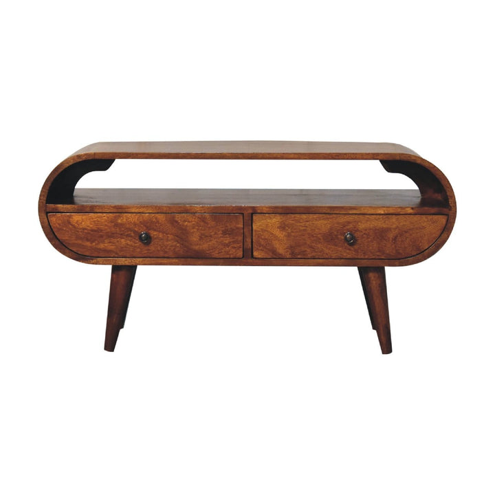 Chestnut Circular TV Stand - Solid Mango Wood Entertainment Center for Living Room - product view 2 showing handcrafted...