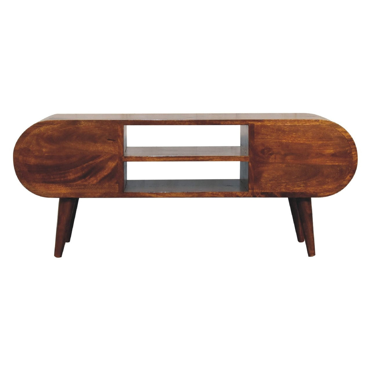 Chestnut Circular TV Stand - Solid Mango Wood Entertainment Center for Living Room - product view 9 showing handcrafted...