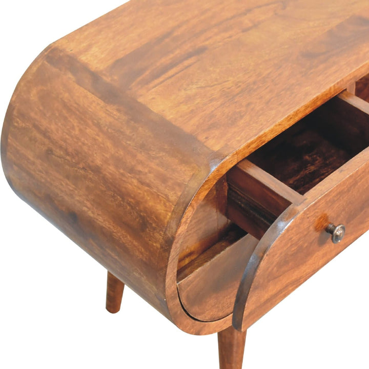 Chestnut Circular TV Stand - Solid Mango Wood Entertainment Center for Living Room - product view 6 showing handcrafted...