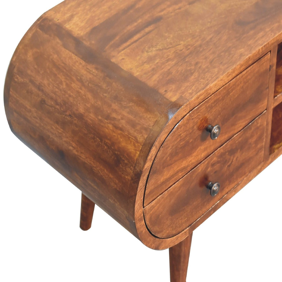 Chestnut Circular TV Stand - Solid Mango Wood Entertainment Center for Living Room - product view 5 showing handcrafted...