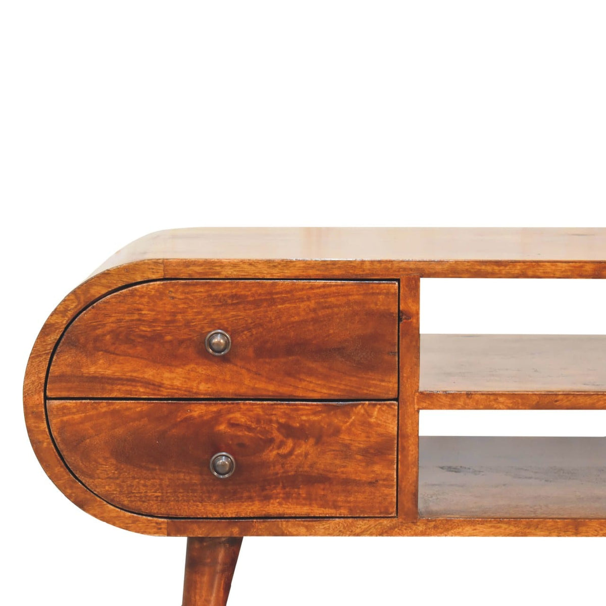 Chestnut Circular TV Stand - Solid Mango Wood Entertainment Center for Living Room - product view 4 showing handcrafted...
