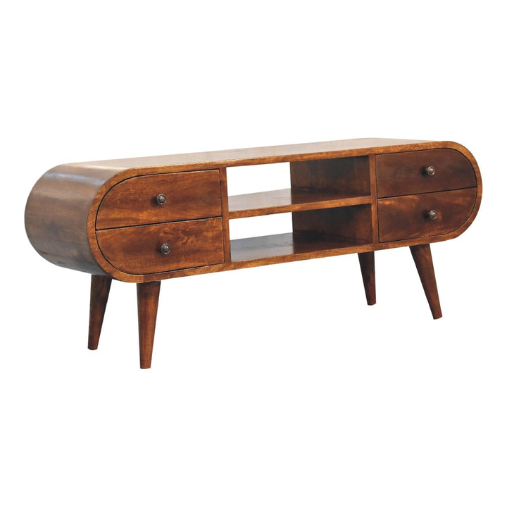 Chestnut Circular TV Stand - Solid Mango Wood Entertainment Center for Living Room - product view 3 showing handcrafted...