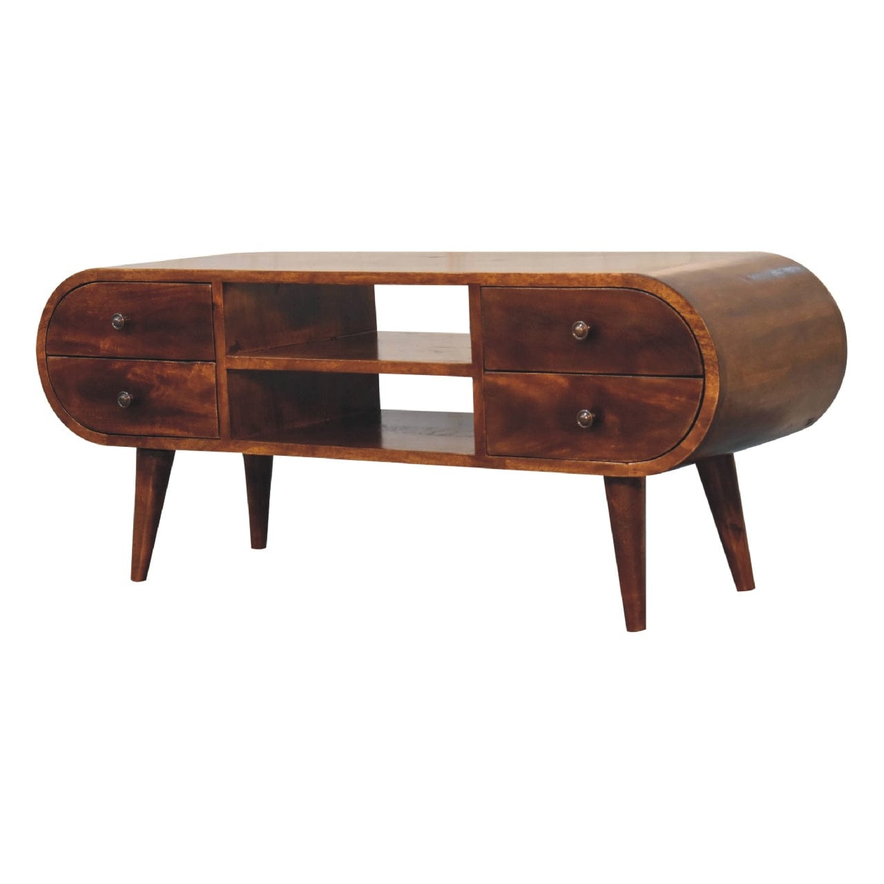 Chestnut Circular TV Stand - Solid Mango Wood Entertainment Center for Living Room - product view 2 showing handcrafted...