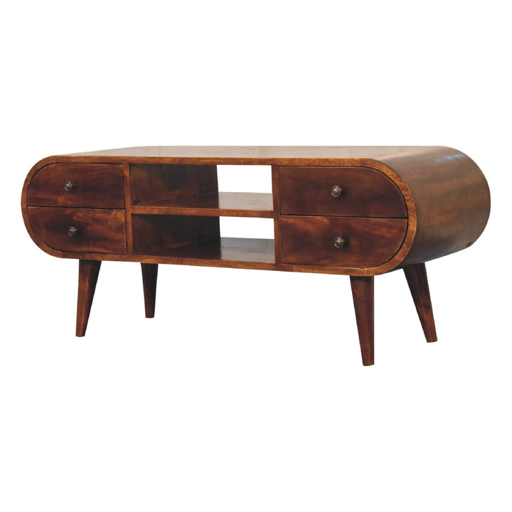 Chestnut Circular TV Stand - Solid Mango Wood Entertainment Center for Living Room - product view 2 showing handcrafted...