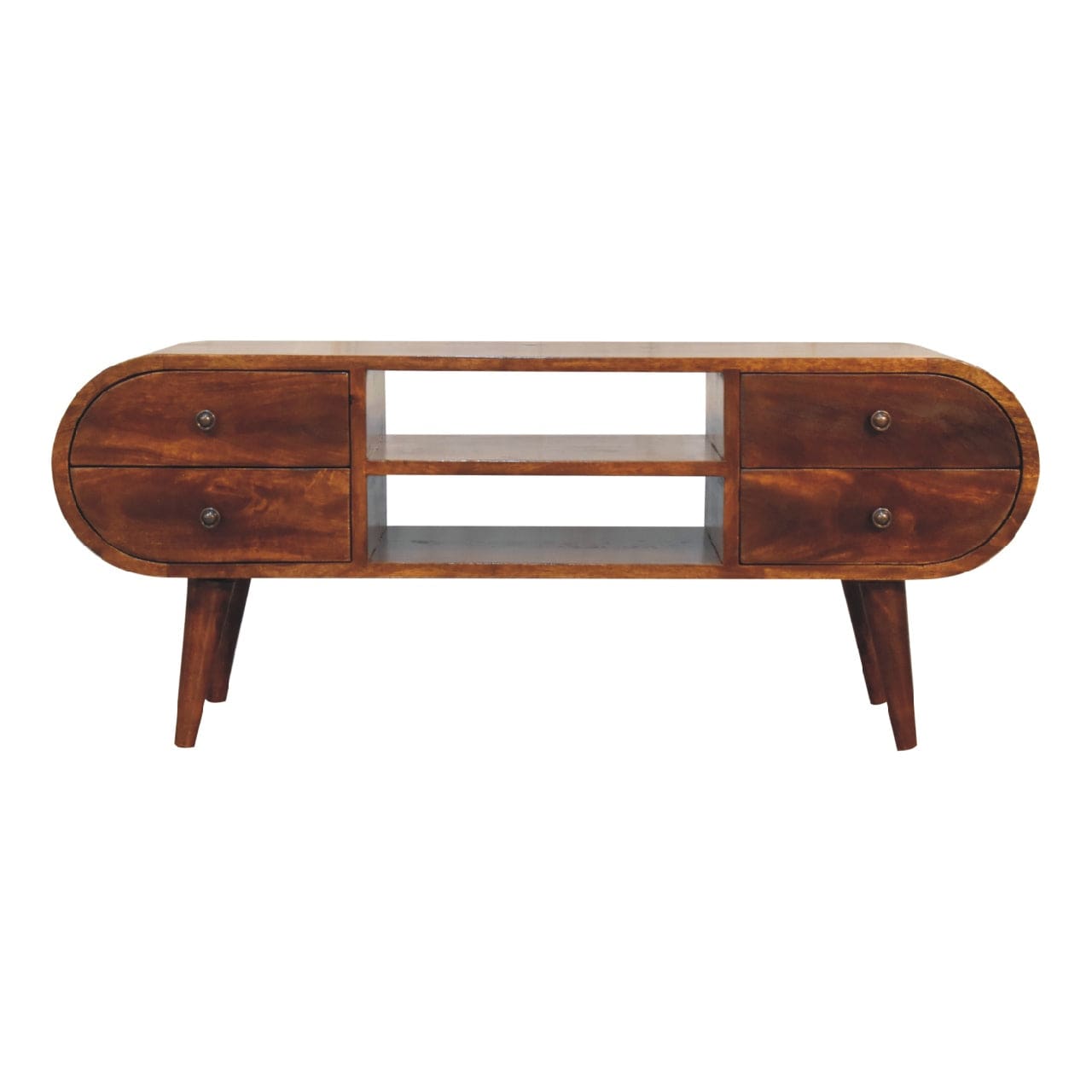 Chestnut Circular TV Stand - Solid Mango Wood Entertainment Center for Living Room - main view showing handcrafted solid...