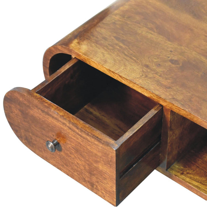 Chestnut Circular TV Stand - Entertainment Center in Solid Mango Wood - product view 7 showing handcrafted solid mango...