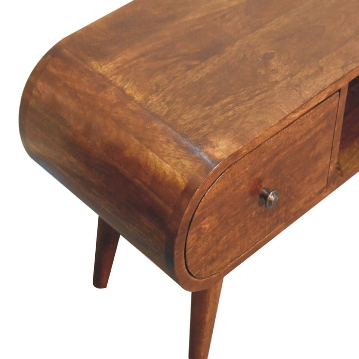 Chestnut Circular TV Stand - Entertainment Center in Solid Mango Wood - product view 6 showing handcrafted solid mango...