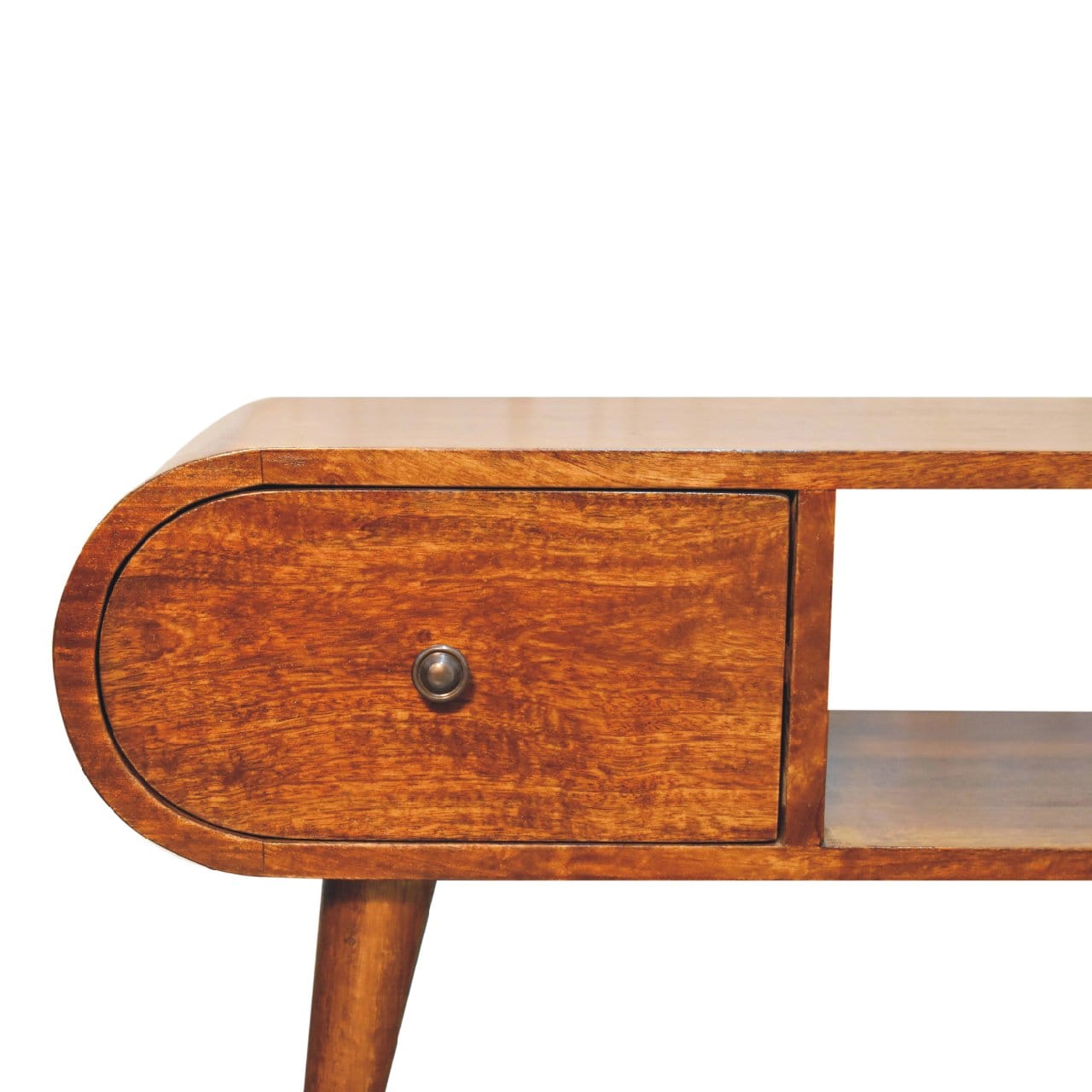 Chestnut Circular TV Stand - Entertainment Center in Solid Mango Wood - product view 5 showing handcrafted solid mango...