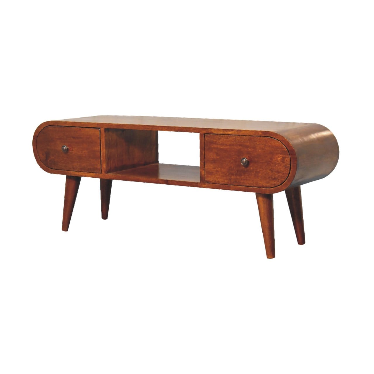 Chestnut Circular TV Stand - Entertainment Center in Solid Mango Wood - product view 4 showing handcrafted solid mango...