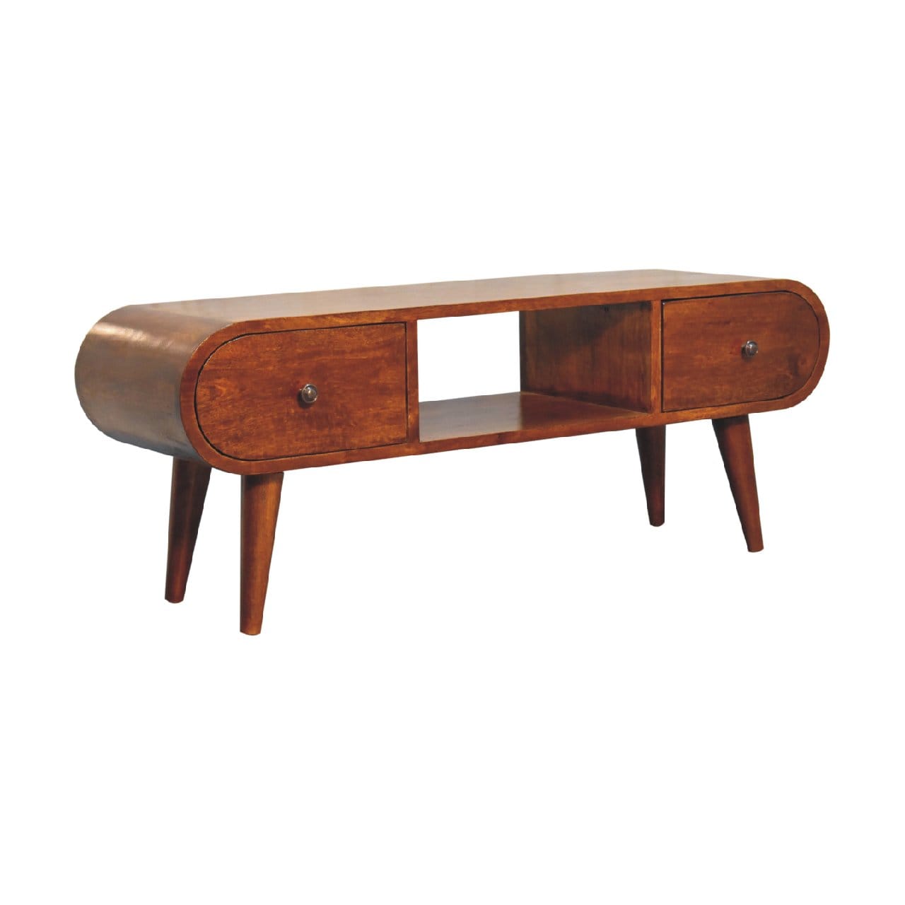Chestnut Circular TV Stand - Entertainment Center in Solid Mango Wood - product view 3 showing handcrafted solid mango...