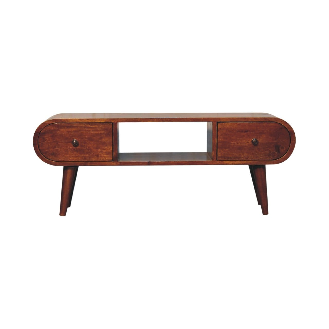 Chestnut Circular TV Stand - Entertainment Center in Solid Mango Wood - product view 2 showing handcrafted solid mango...