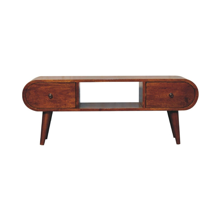 Chestnut Circular TV Stand - Entertainment Center in Solid Mango Wood - product view 2 showing handcrafted solid mango...