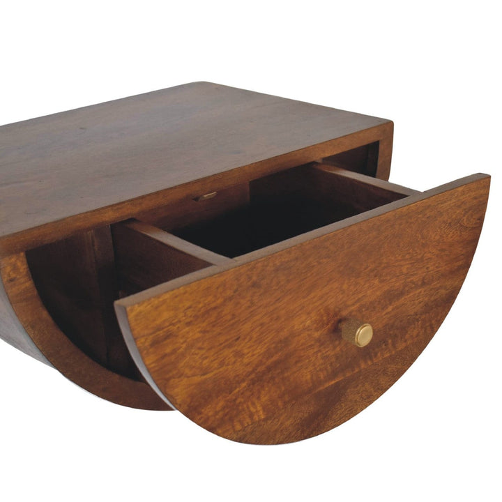 Chestnut Crescent Floating Nightstand - Solid Mango Wood Bedside Table for Bedroom - product view 7 showing handcrafted...