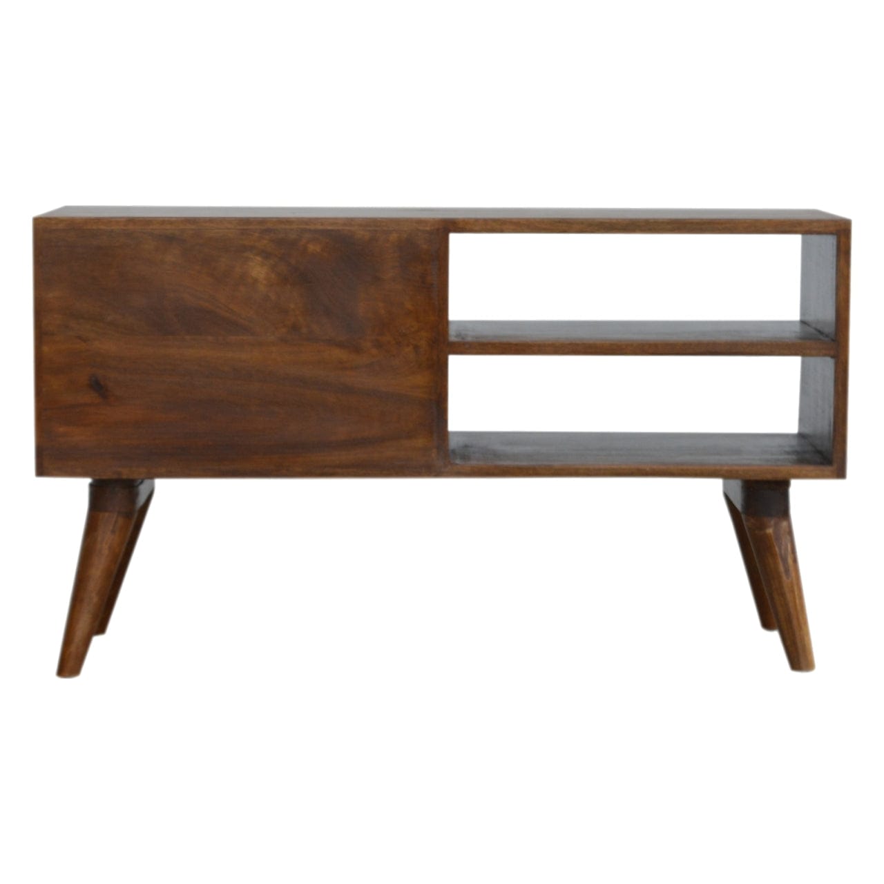 Chestnut Cube Carve TV Stand - Solid Mango Wood Entertainment Center for Living Room - product view 8 showing handcrafted...