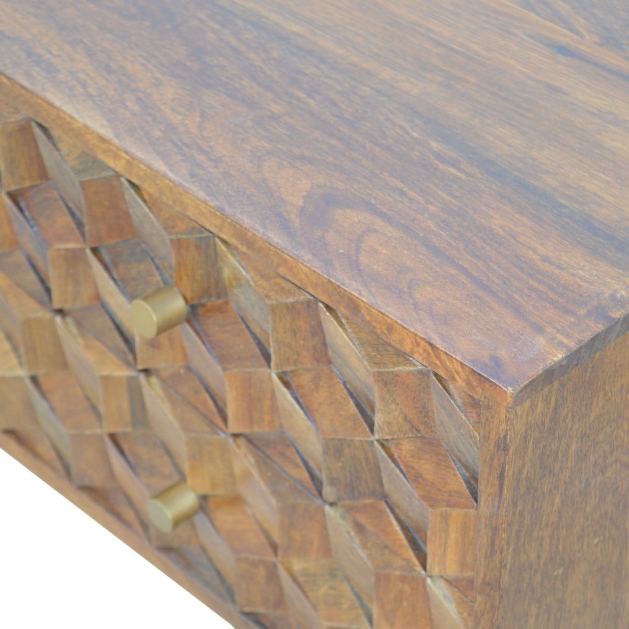Chestnut Cube Carve TV Stand - Solid Mango Wood Entertainment Center for Living Room - product view 6 showing handcrafted...