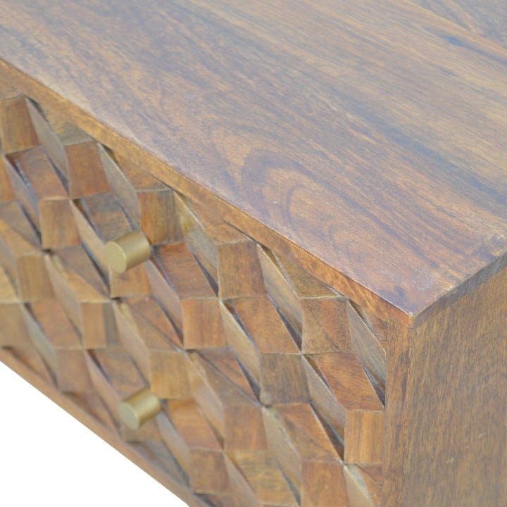 Chestnut Cube Carve TV Stand - Solid Mango Wood Entertainment Center for Living Room - product view 6 showing handcrafted...
