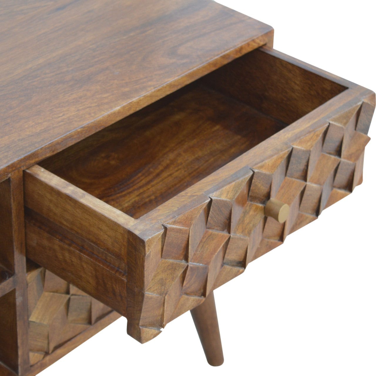Chestnut Cube Carve TV Stand - Solid Mango Wood Entertainment Center for Living Room - product view 4 showing handcrafted...