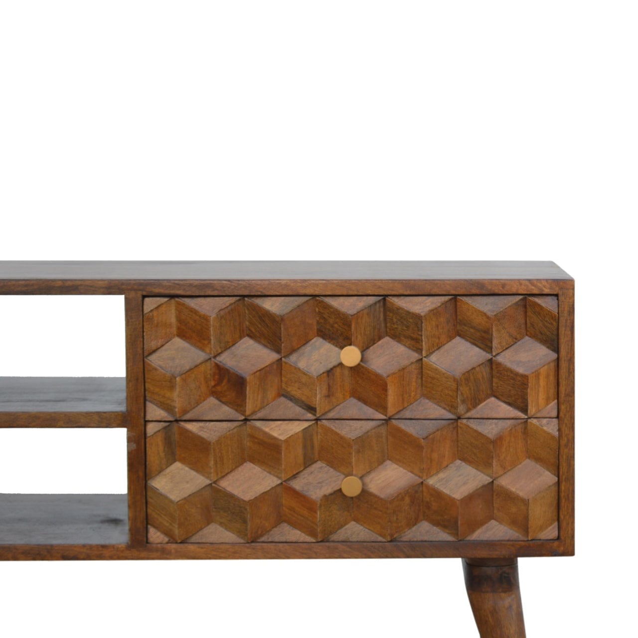 Chestnut Cube Carve TV Stand - Solid Mango Wood Entertainment Center for Living Room - product view 3 showing handcrafted...