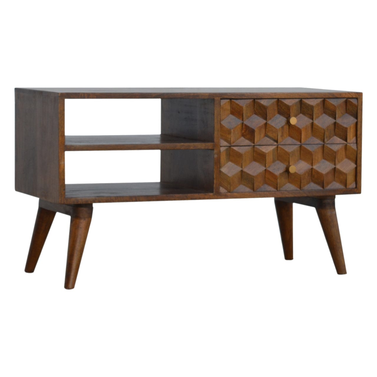 Chestnut Cube Carve TV Stand - Solid Mango Wood Entertainment Center for Living Room - product view 2 showing handcrafted...