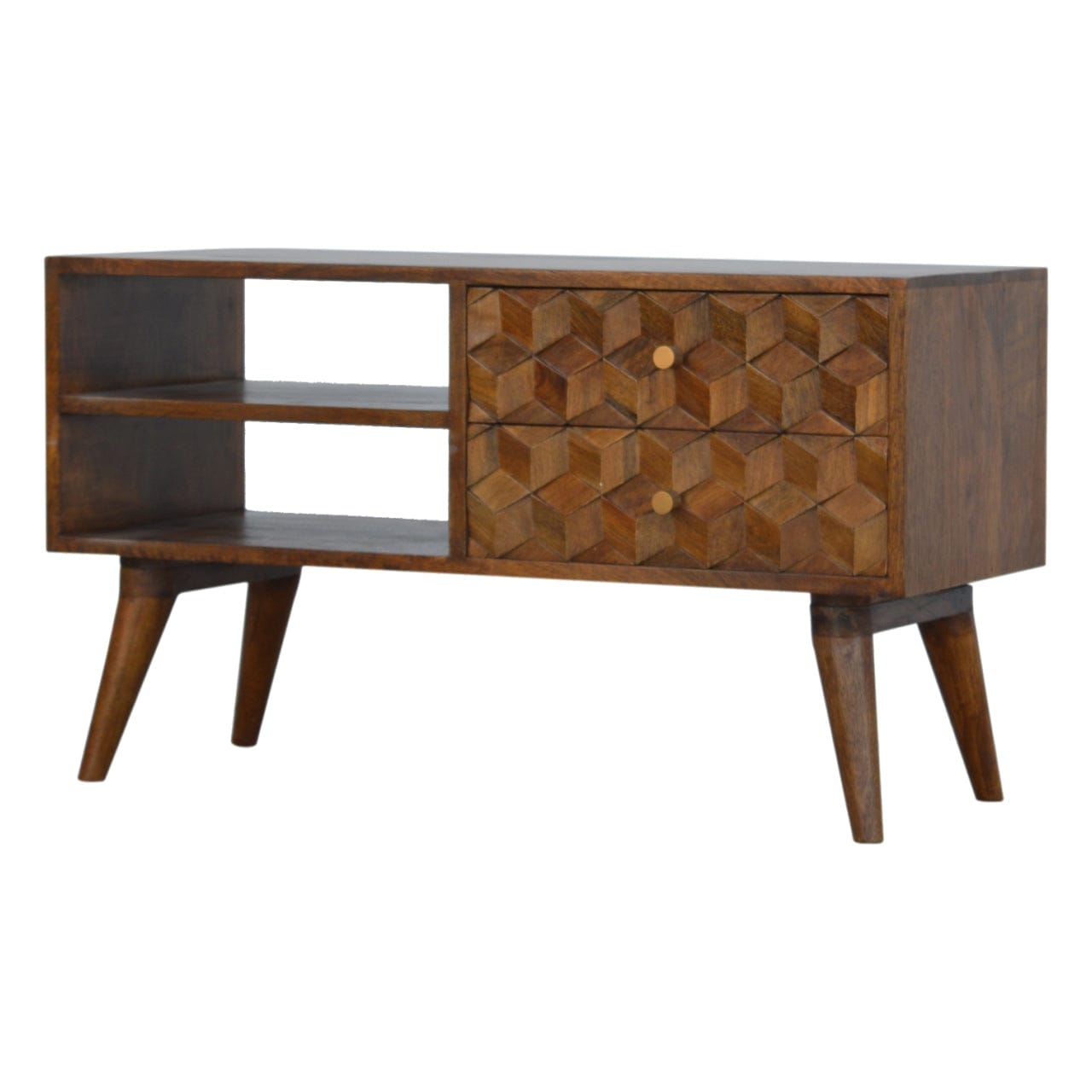 Chestnut Cube Carve TV Stand - Solid Mango Wood Entertainment Center for Living Room - main view showing handcrafted...