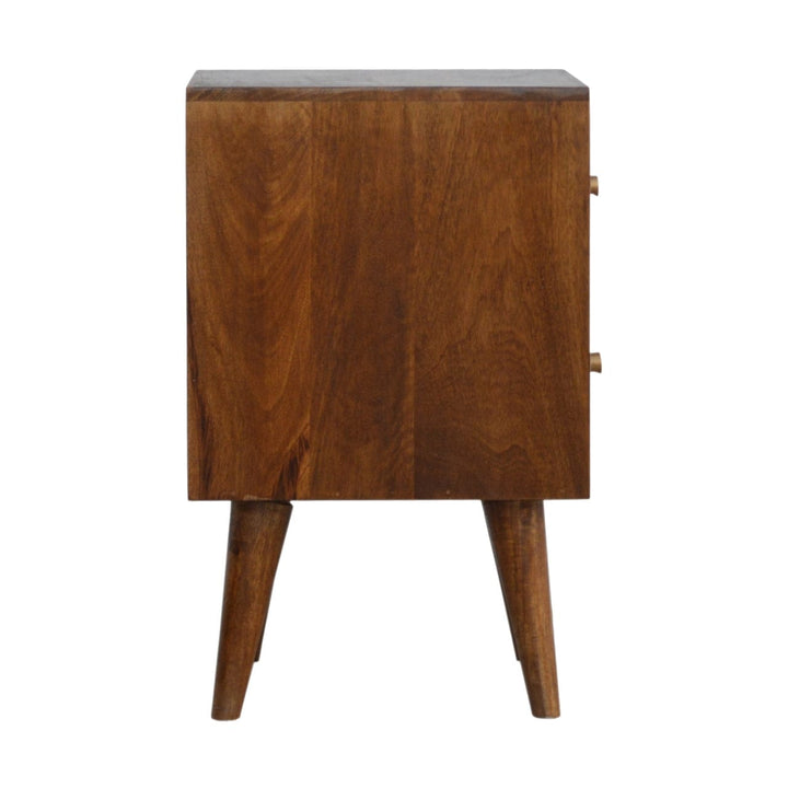 Chestnut Cube Carved Nightstand - Solid Mango Wood Bedside Table for Bedroom - product view 8 showing handcrafted solid...