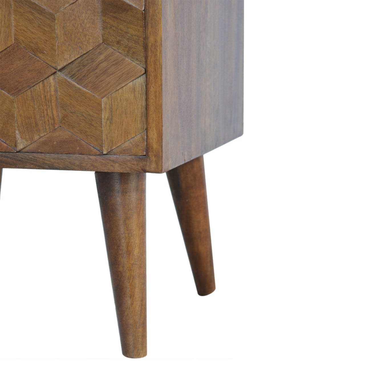 Chestnut Cube Carved Nightstand - Solid Mango Wood Bedside Table for Bedroom - product view 7 showing handcrafted solid...