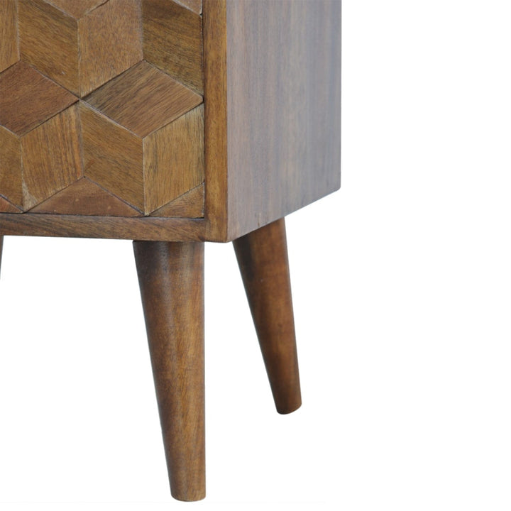 Chestnut Cube Carved Nightstand - Solid Mango Wood Bedside Table for Bedroom - product view 7 showing handcrafted solid...