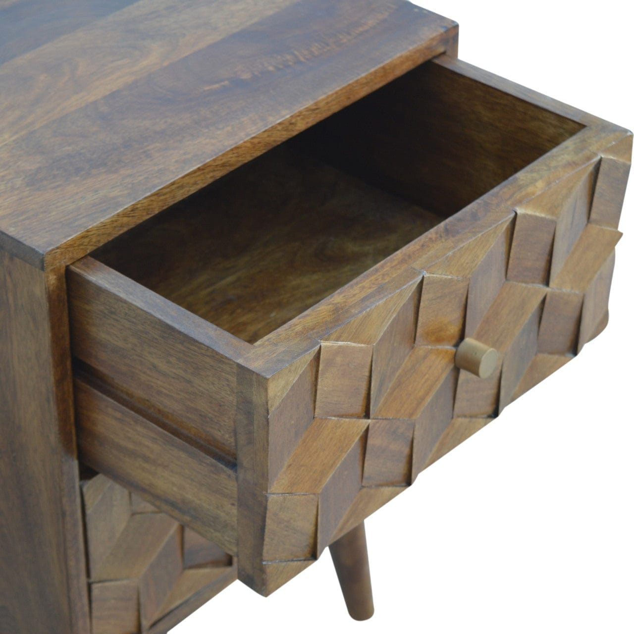 Chestnut Cube Carved Nightstand - Solid Mango Wood Bedside Table for Bedroom - product view 6 showing handcrafted solid...