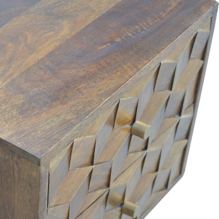 Chestnut Cube Carved Nightstand - Solid Mango Wood Bedside Table for Bedroom - product view 5 showing handcrafted solid...
