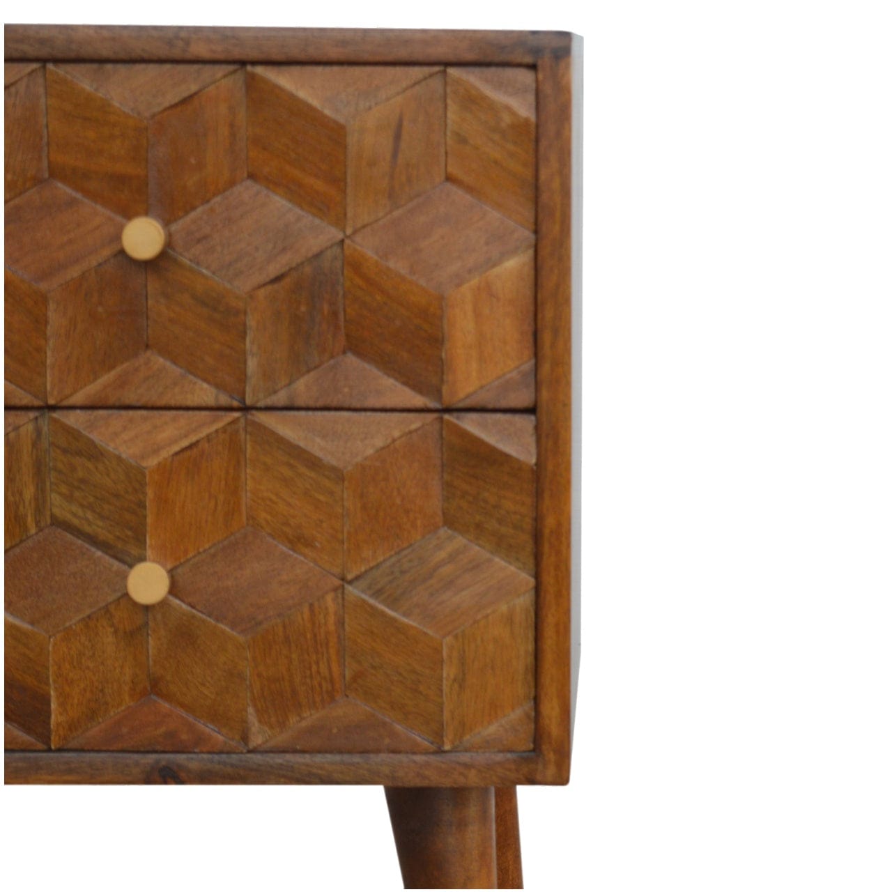 Chestnut Cube Carved Nightstand - Solid Mango Wood Bedside Table for Bedroom - product view 4 showing handcrafted solid...