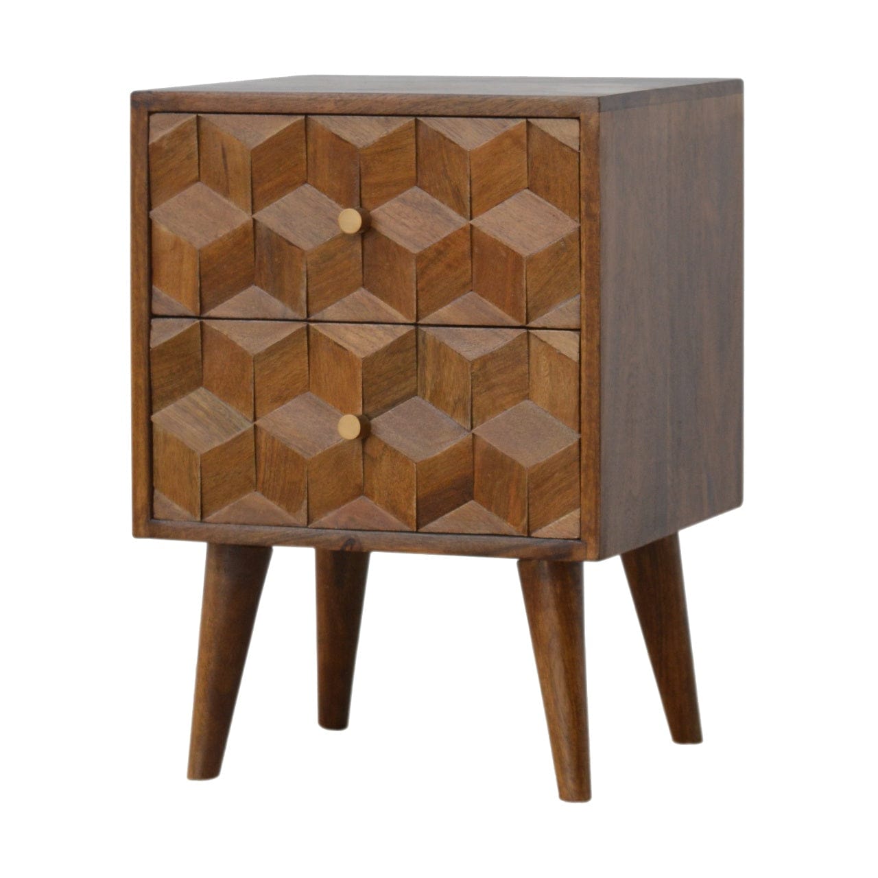 Chestnut Cube Carved Nightstand - Solid Mango Wood Bedside Table for Bedroom - product view 3 showing handcrafted solid...