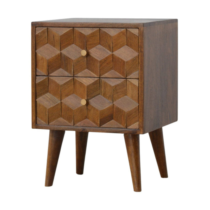 Chestnut Cube Carved Nightstand - Solid Mango Wood Bedside Table for Bedroom - product view 3 showing handcrafted solid...