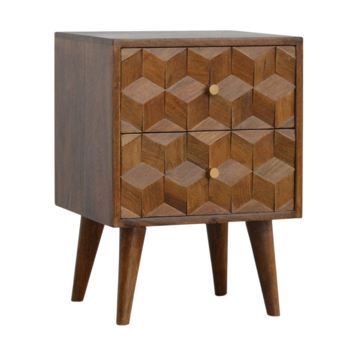 Chestnut Cube Carved Nightstand - Solid Mango Wood Bedside Table for Bedroom - product view 2 showing handcrafted solid...