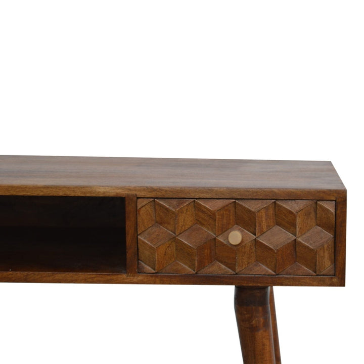 Chestnut Cube Carved Writing Desk - Solid Mango Wood Writing Table for Home Office - product view 5 showing handcrafted...