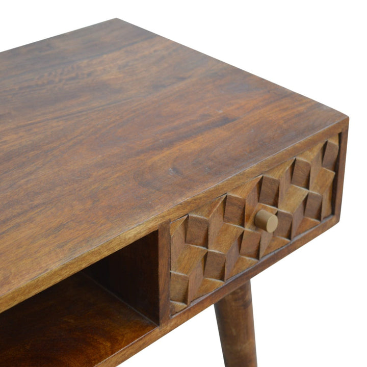 Chestnut Cube Carved Writing Desk - Solid Mango Wood Writing Table for Home Office - product view 4 showing handcrafted...