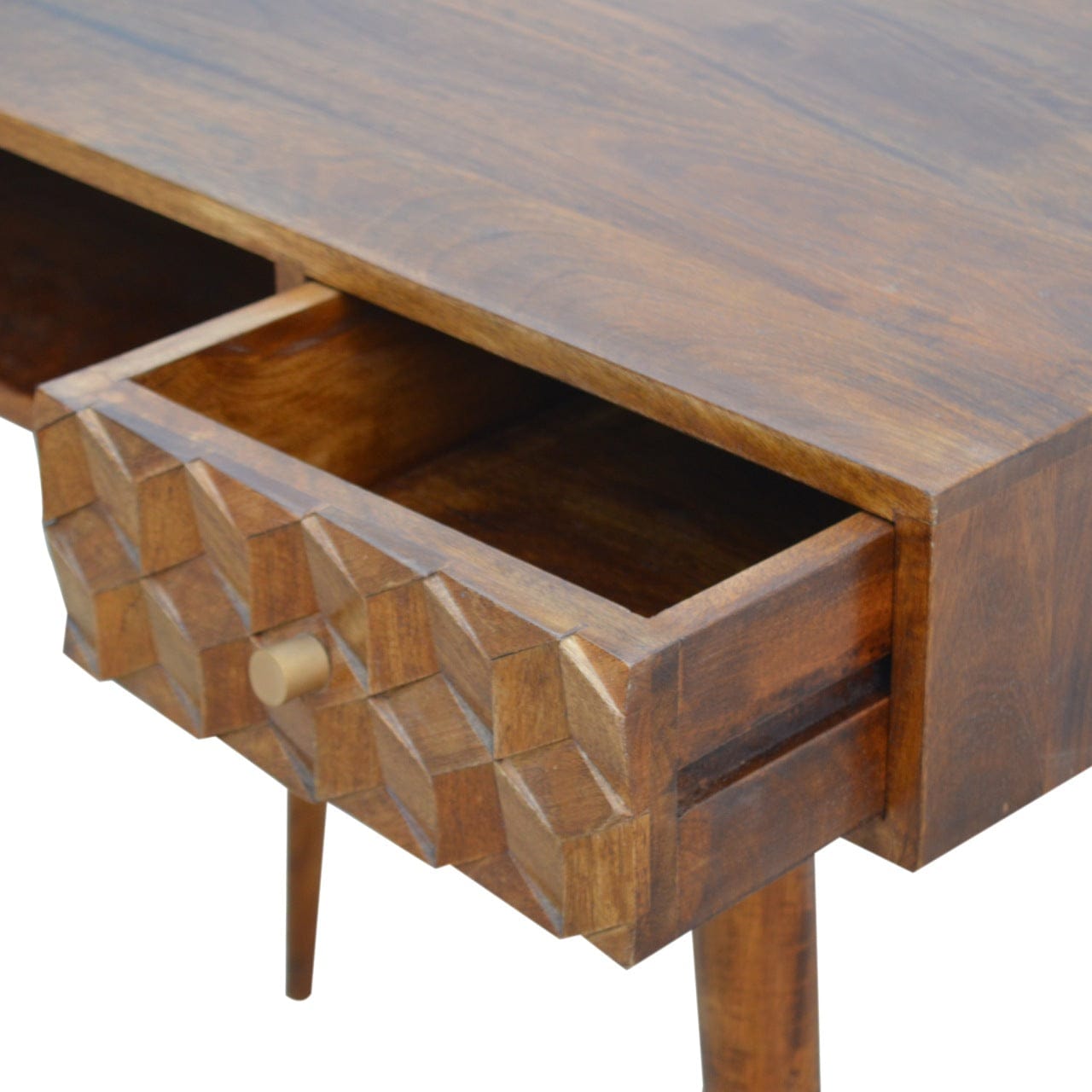 Chestnut Cube Carved Writing Desk - Solid Mango Wood Writing Table for Home Office - product view 3 showing handcrafted...