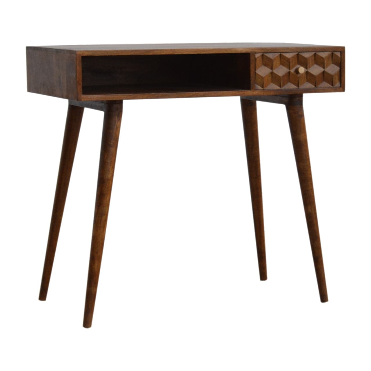 Chestnut Cube Carved Writing Desk - Solid Mango Wood Writing Table for Home Office - product view 2 showing handcrafted...