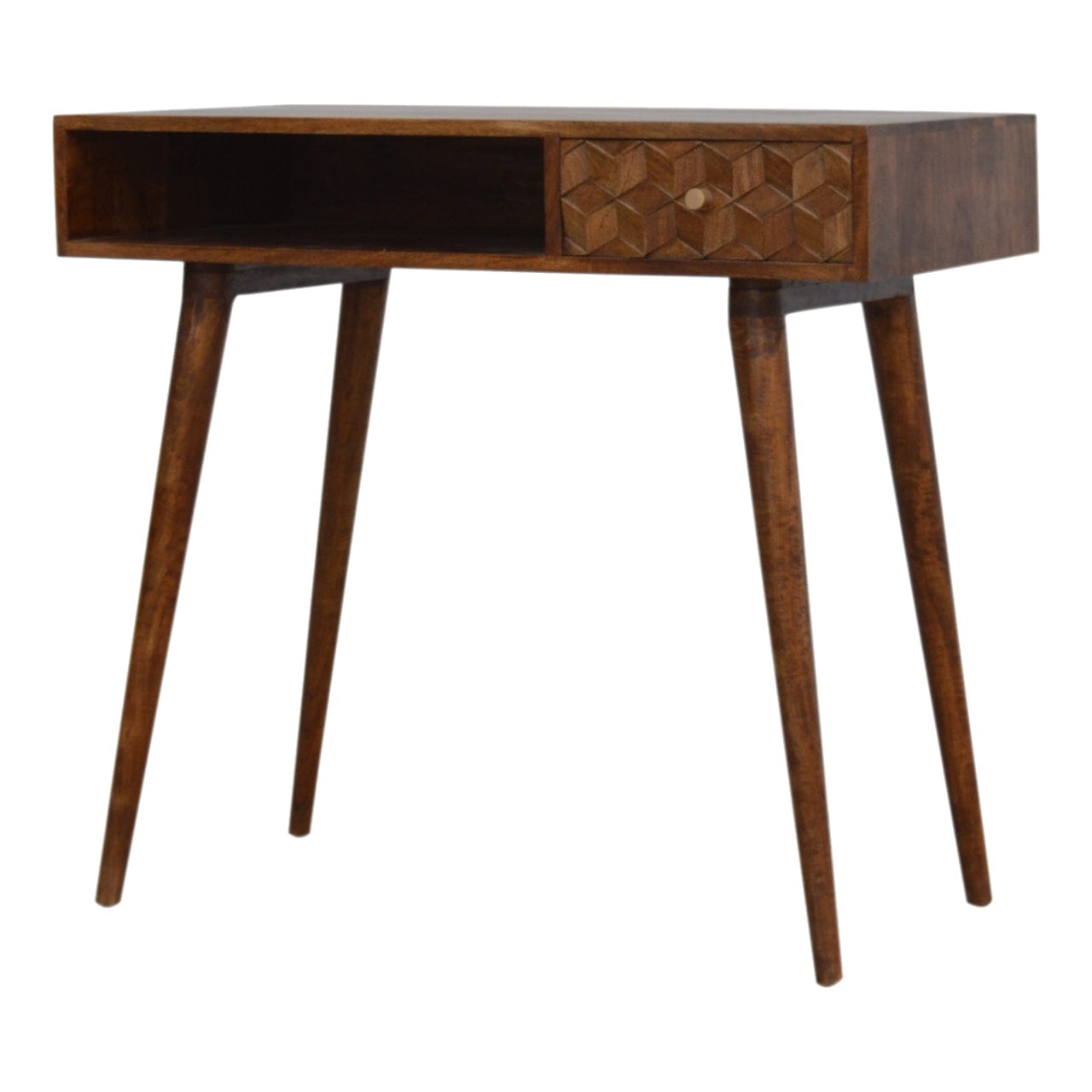 Chestnut Cube Carved Writing Desk - Solid Mango Wood Writing Table for Home Office - main view showing handcrafted solid...