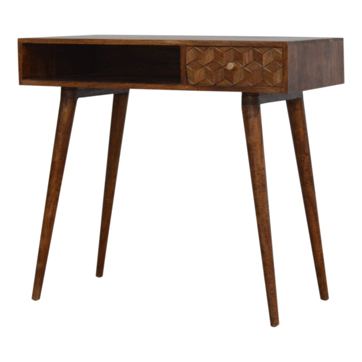 Chestnut Cube Carved Writing Desk - Solid Mango Wood Writing Table for Home Office - main view showing handcrafted solid...