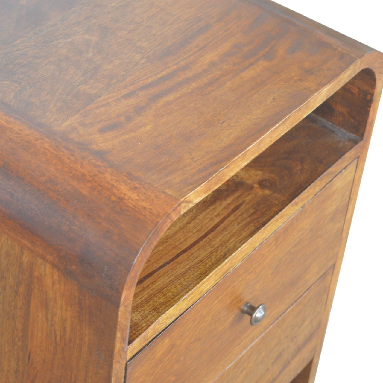 Chestnut Curve 2 Drawer Nightstand - Solid Mango Wood Bedside Table for Bedroom - product view 7 showing handcrafted...