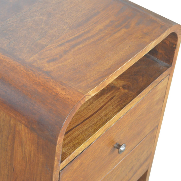 Chestnut Curve 2 Drawer Nightstand - Solid Mango Wood Bedside Table for Bedroom - product view 7 showing handcrafted...