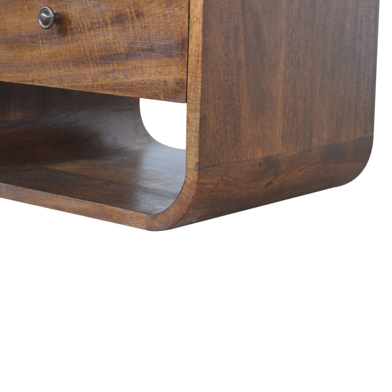 Chestnut Curve 2 Drawer Nightstand - Solid Mango Wood Bedside Table for Bedroom - product view 6 showing handcrafted...