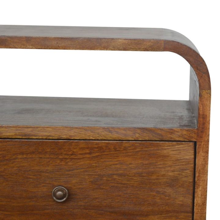 Chestnut Curve 2 Drawer Nightstand - Solid Mango Wood Bedside Table for Bedroom - product view 5 showing handcrafted...